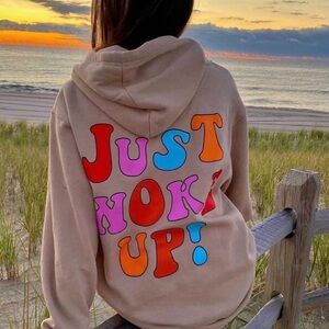 Tan “Just Woke Up!” Hoddie in Size L by Hangover Hoodies